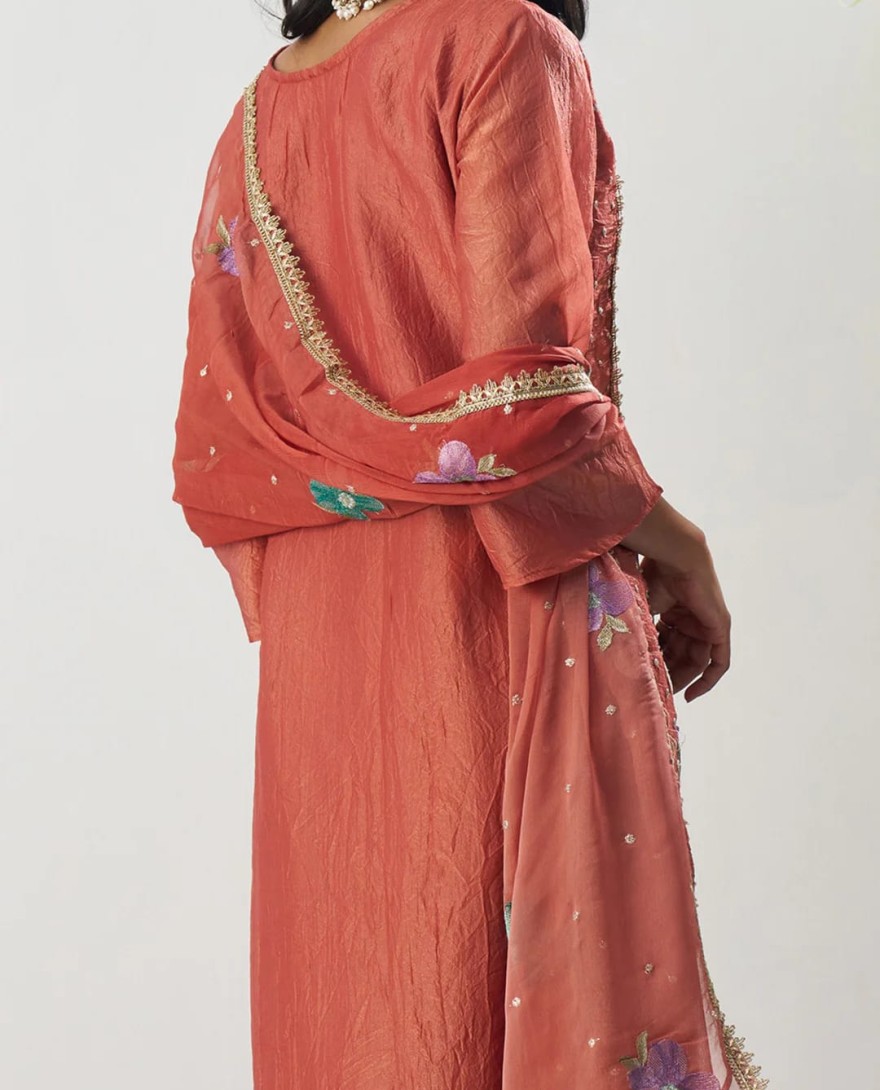 1001 - Vermillion Orange Silk Pant Suit With Chiffon Dupatta