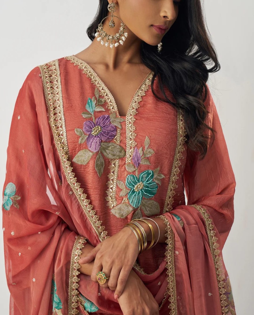 1001 - Vermillion Orange Silk Pant Suit With Chiffon Dupatta