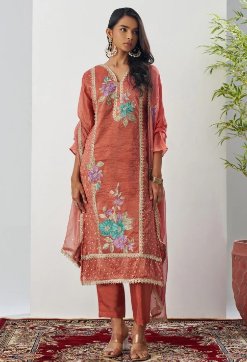 Vermillion Orange Silk Pant Suit With Chiffon Dupatta