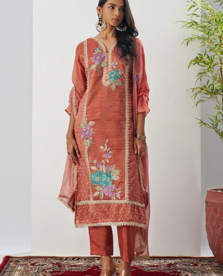 1001 - Vermillion Orange Silk Pant Suit With Chiffon Dupatta