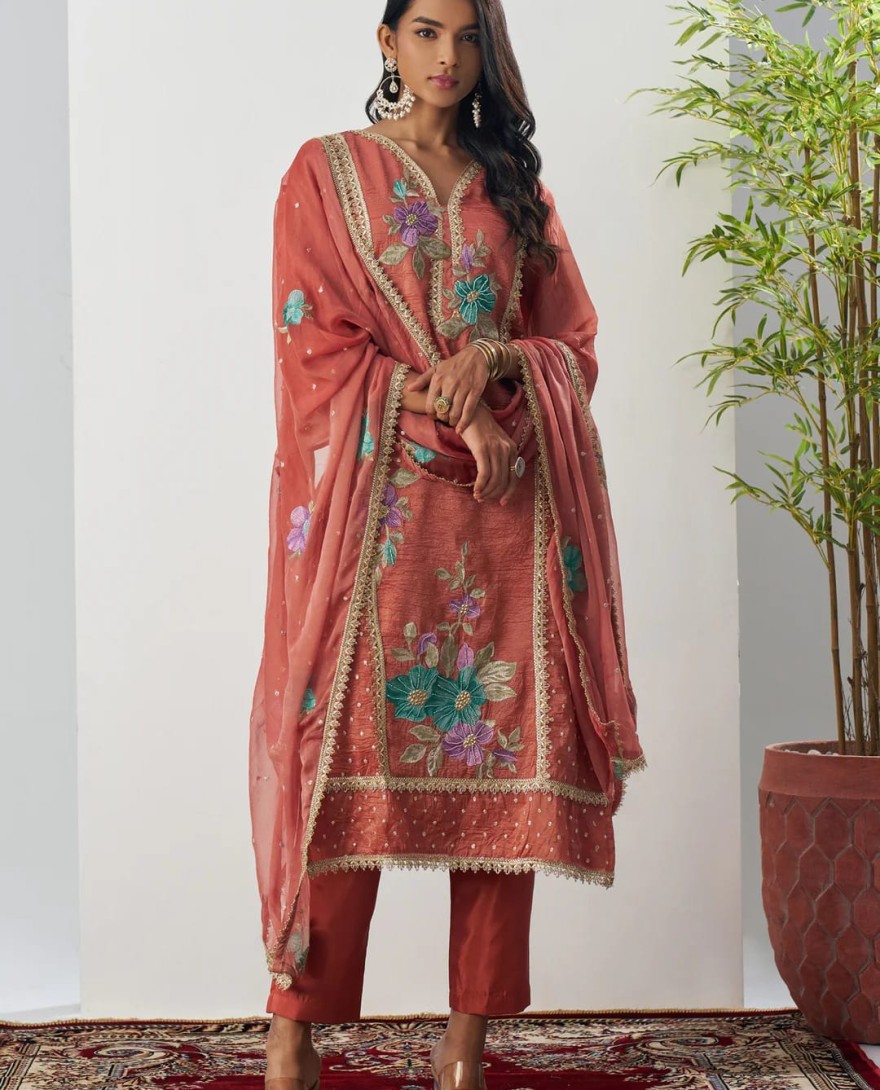 1001 - Vermillion Orange Silk Pant Suit With Chiffon Dupatta