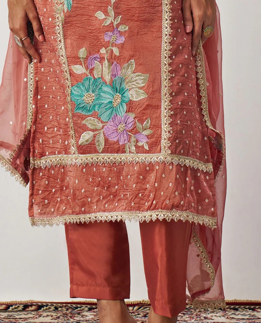 1001 - Vermillion Orange Silk Pant Suit With Chiffon Dupatta