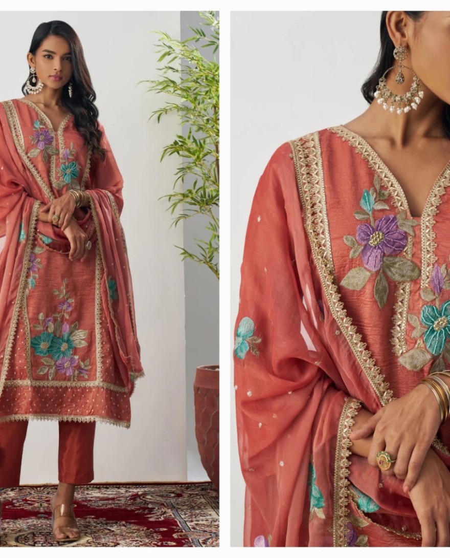 1001 - Vermillion Orange Silk Pant Suit With Chiffon Dupatta