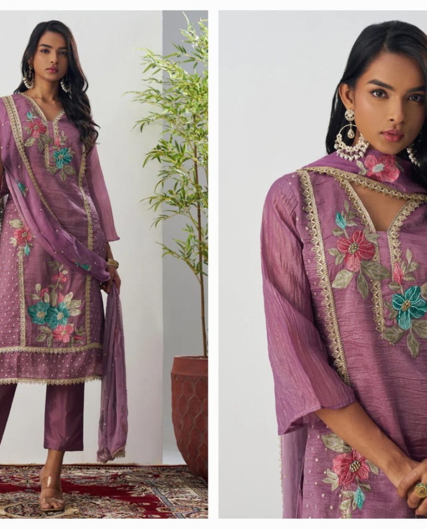 1002 - Purple Silk Pant Suit With Chiffon Dupatta