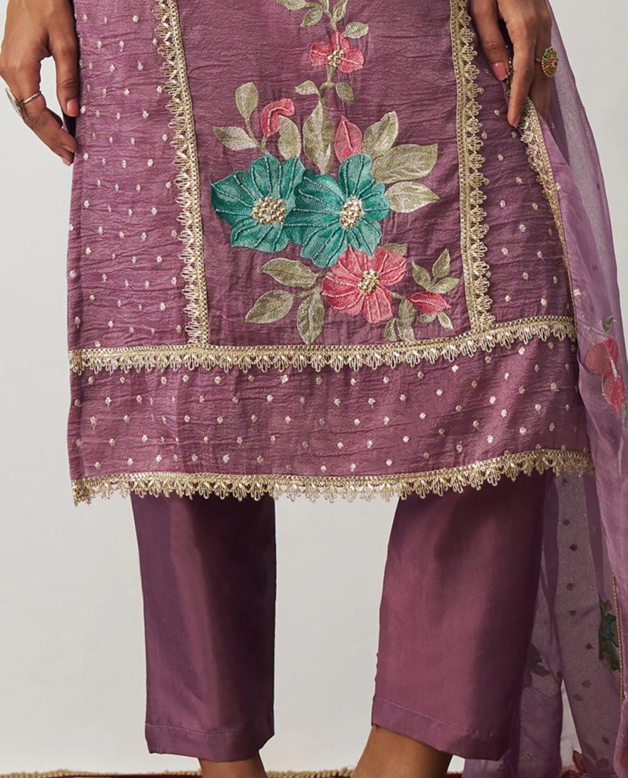 1002 - Purple Silk Pant Suit With Chiffon Dupatta