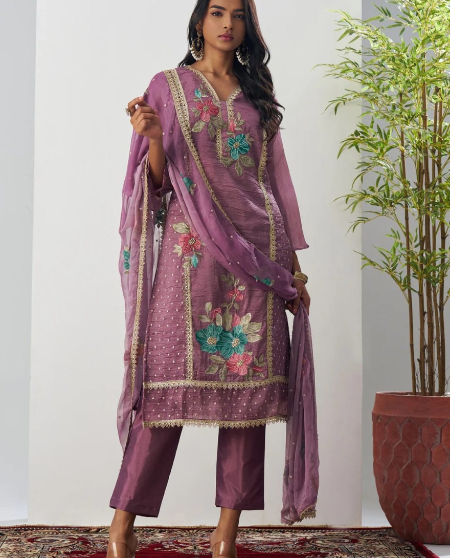 1002 - Purple Silk Pant Suit With Chiffon Dupatta