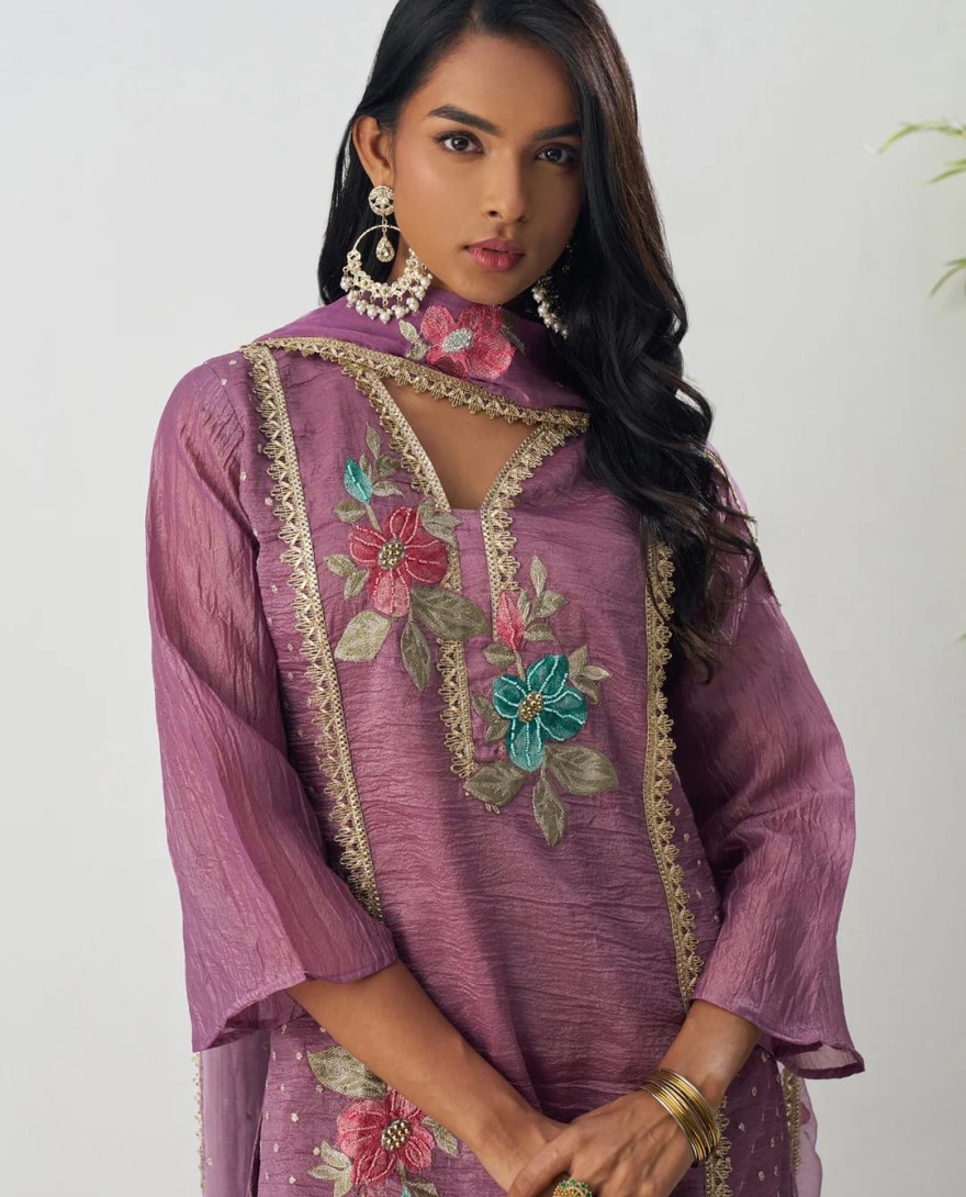 1002 - Purple Silk Pant Suit With Chiffon Dupatta
