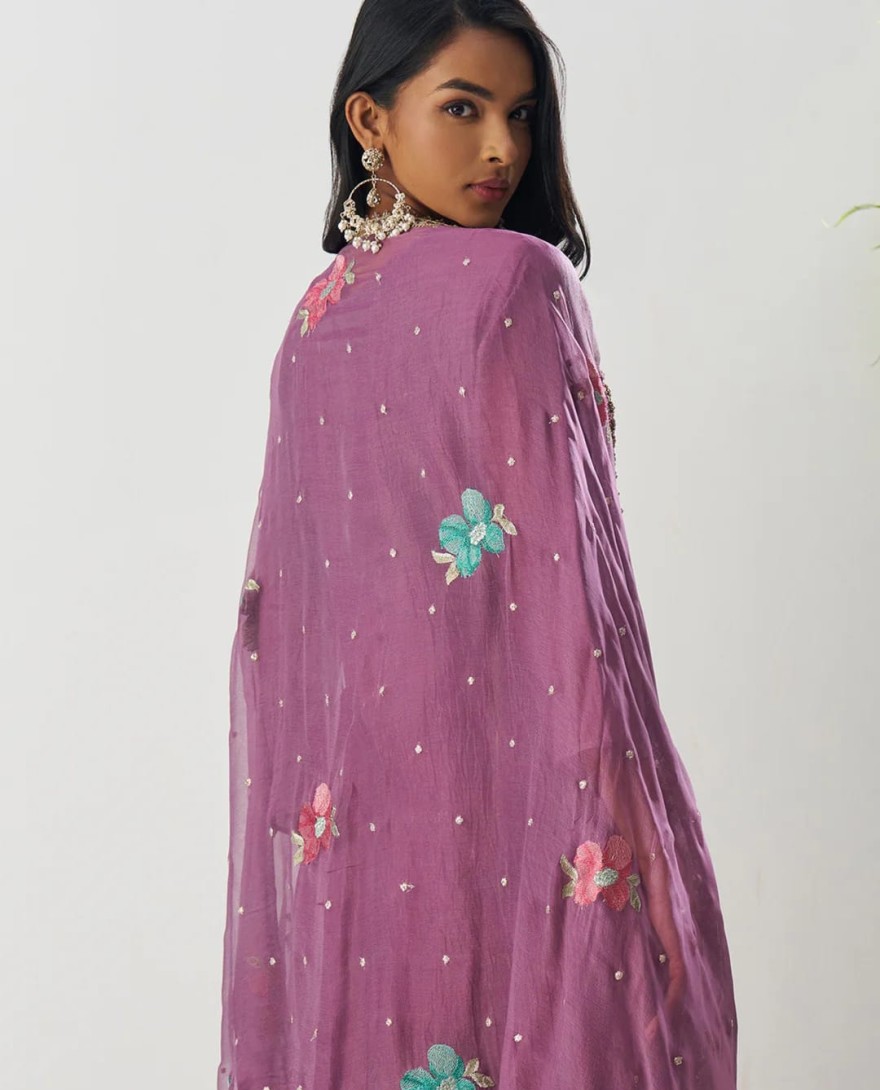 1002 - Purple Silk Pant Suit With Chiffon Dupatta