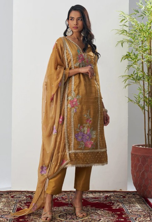 Gamboge Yellow Silk Pant Suit With Chiffon Dupatta