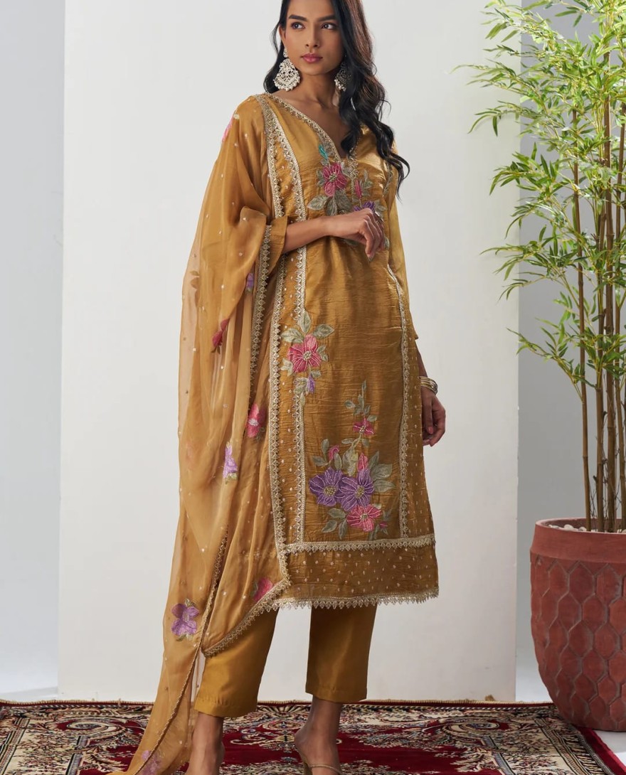 1003 - Gamboge Yellow Silk Pant Suit With Chiffon Dupatta