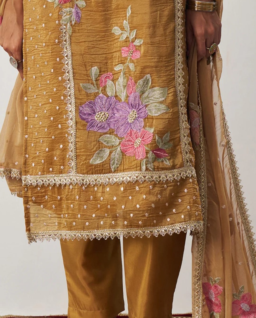 1003 - Gamboge Yellow Silk Pant Suit With Chiffon Dupatta