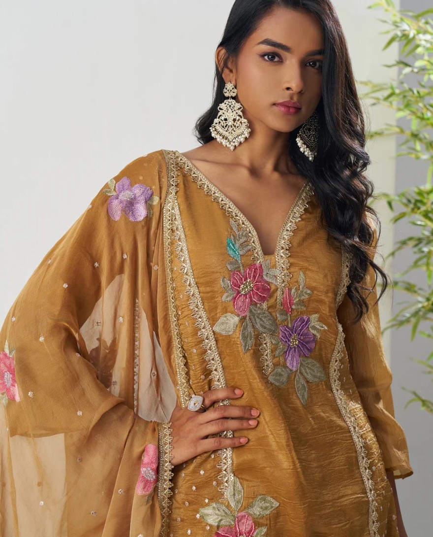 1003 - Gamboge Yellow Silk Pant Suit With Chiffon Dupatta