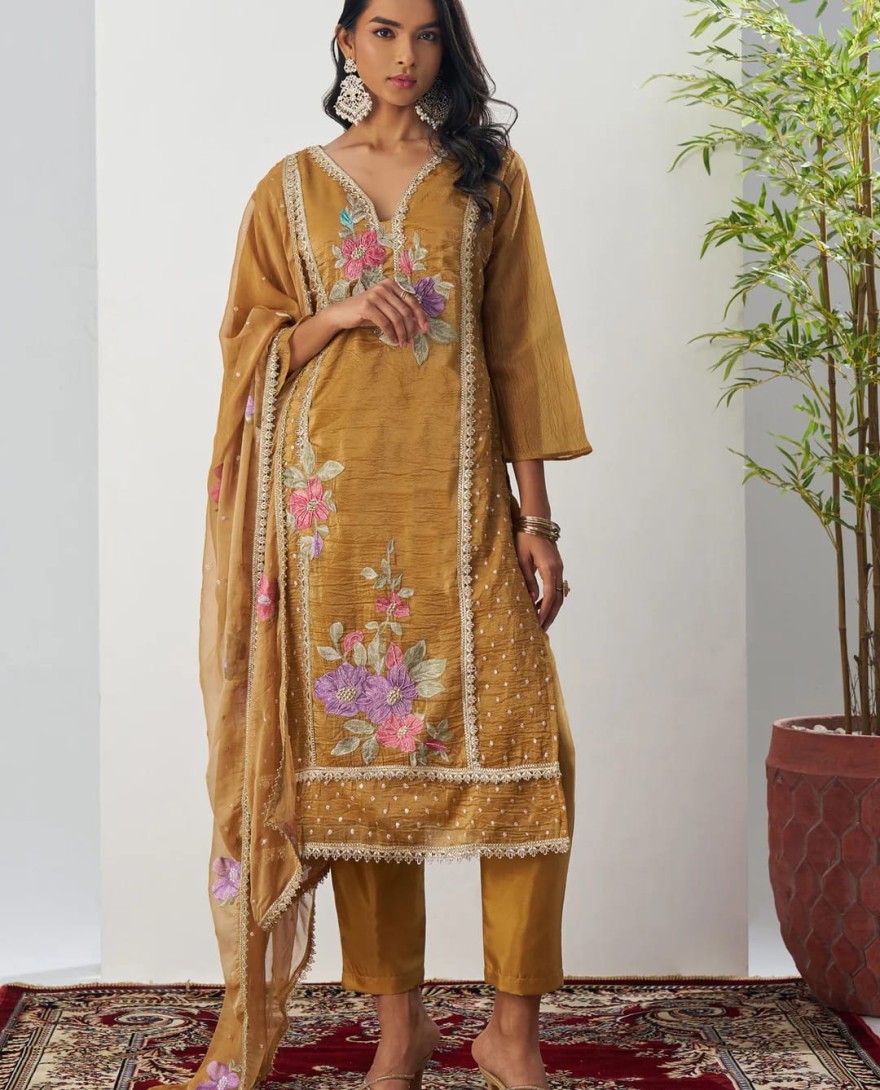 1003 - Gamboge Yellow Silk Pant Suit With Chiffon Dupatta