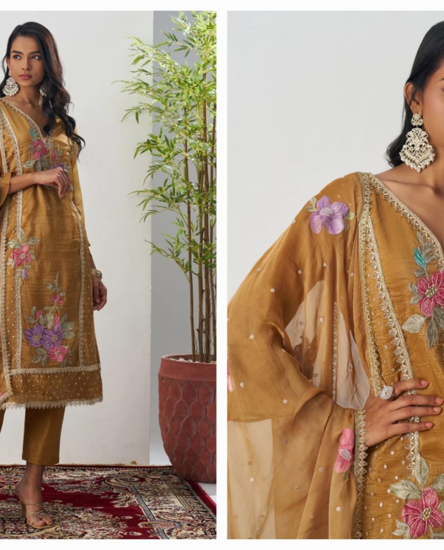 1003 - Gamboge Yellow Silk Pant Suit With Chiffon Dupatta
