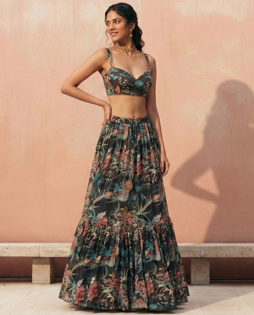 BLACK - Floral Printed Black Georgette Crop Top Lehenga Choli