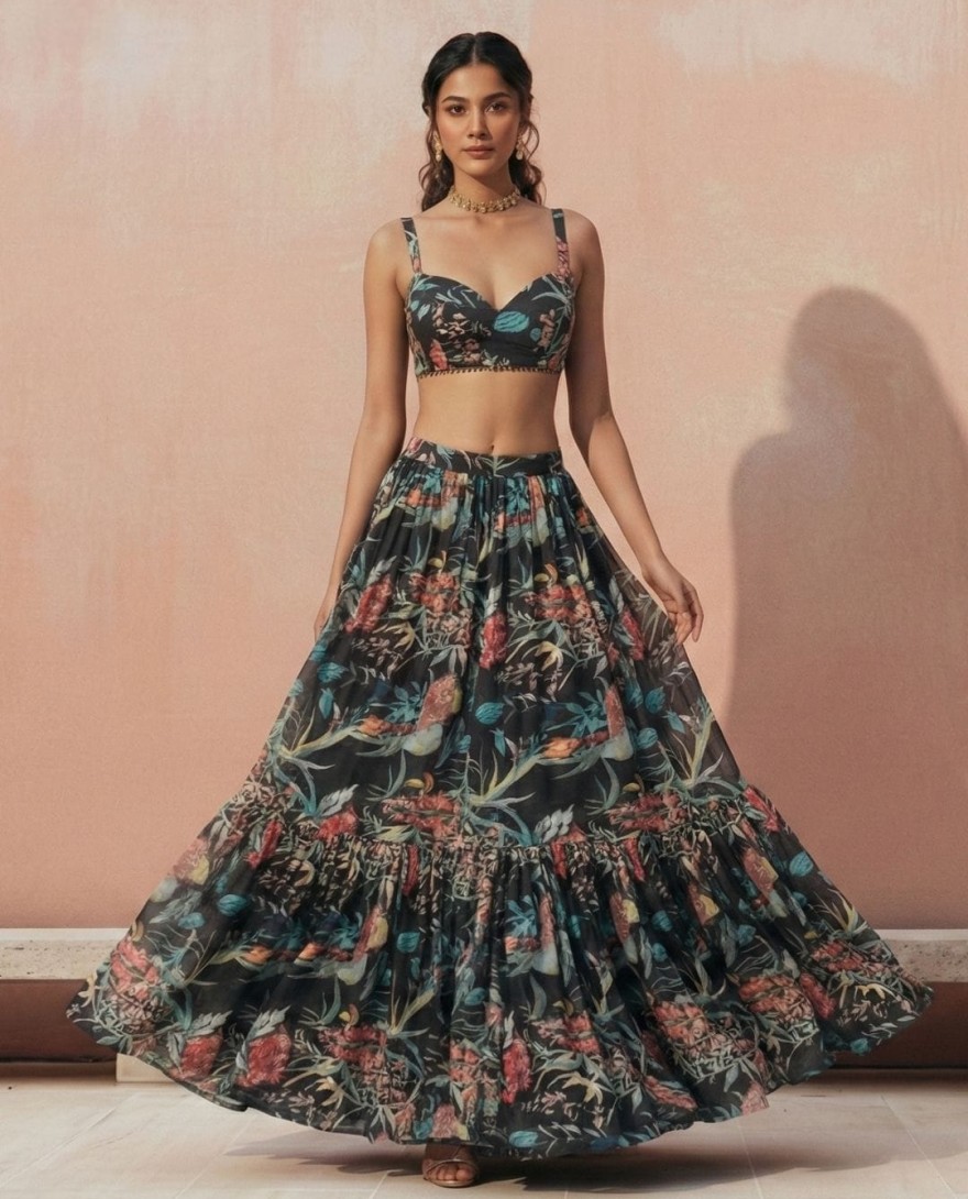 BLACK - Floral Printed Black Georgette Crop Top Lehenga Choli
