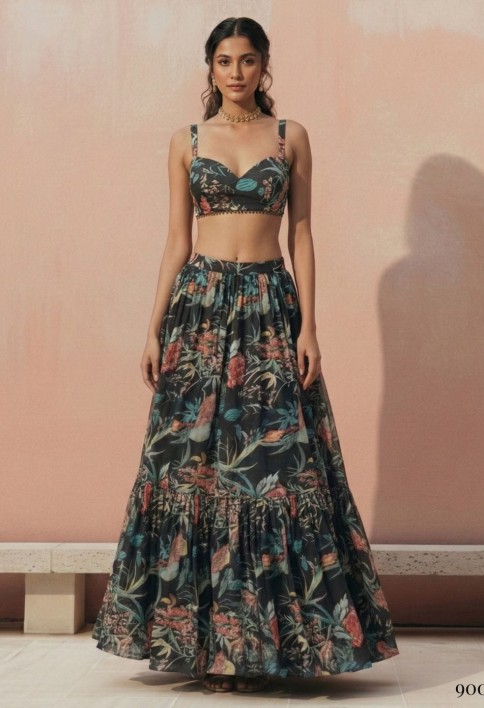 Floral Printed Black Georgette Crop Top Lehenga Choli