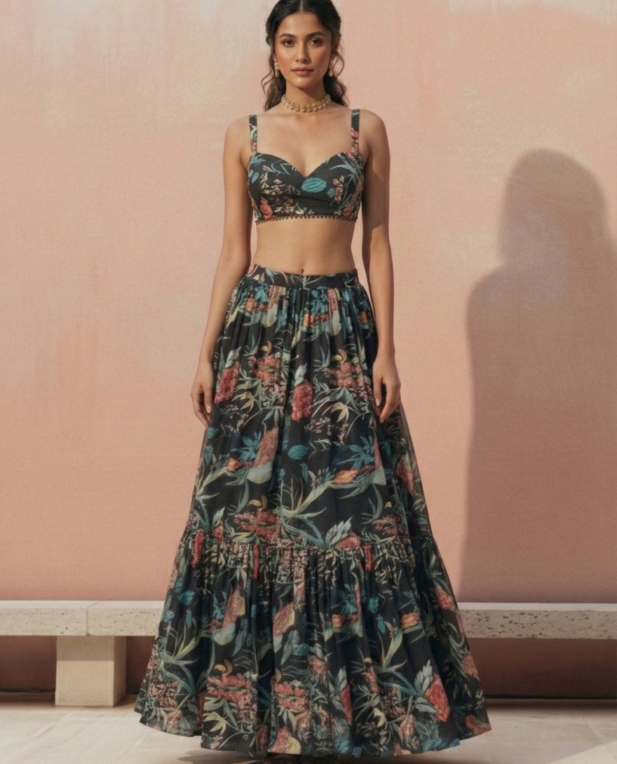 BLACK - Floral Printed Black Georgette Crop Top Lehenga Choli