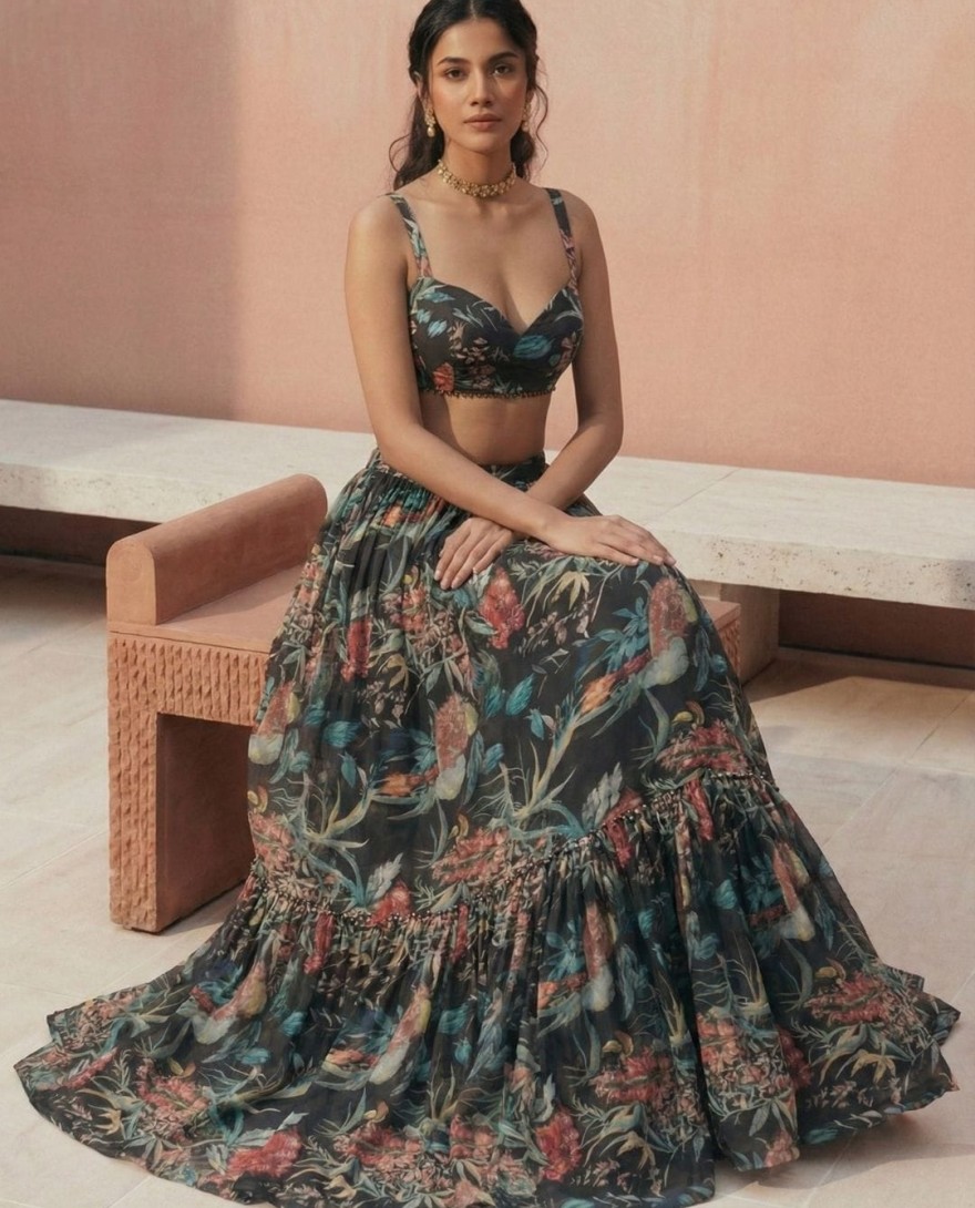 BLACK - Floral Printed Black Georgette Crop Top Lehenga Choli