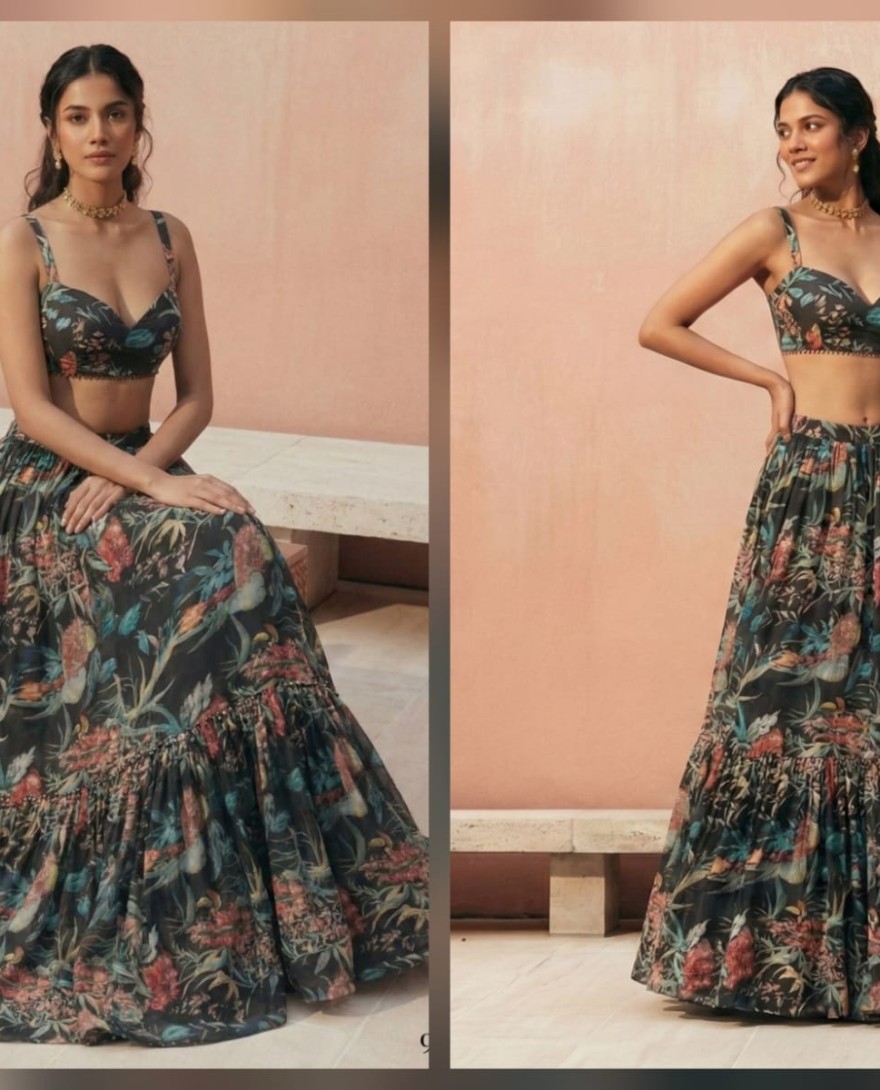 BLACK - Floral Printed Black Georgette Crop Top Lehenga Choli