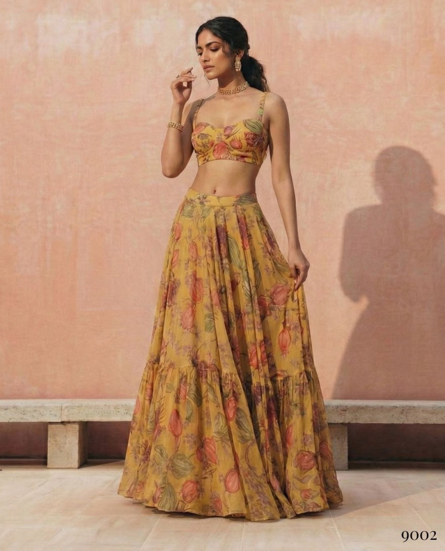 YELLOW - Floral Printed Yellow Georgette Crop Top Lehenga Choli