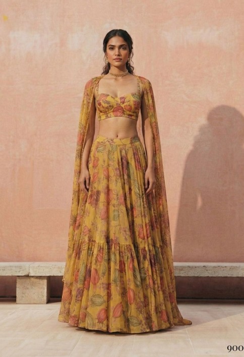 Floral Printed Yellow Georgette Crop Top Lehenga Choli