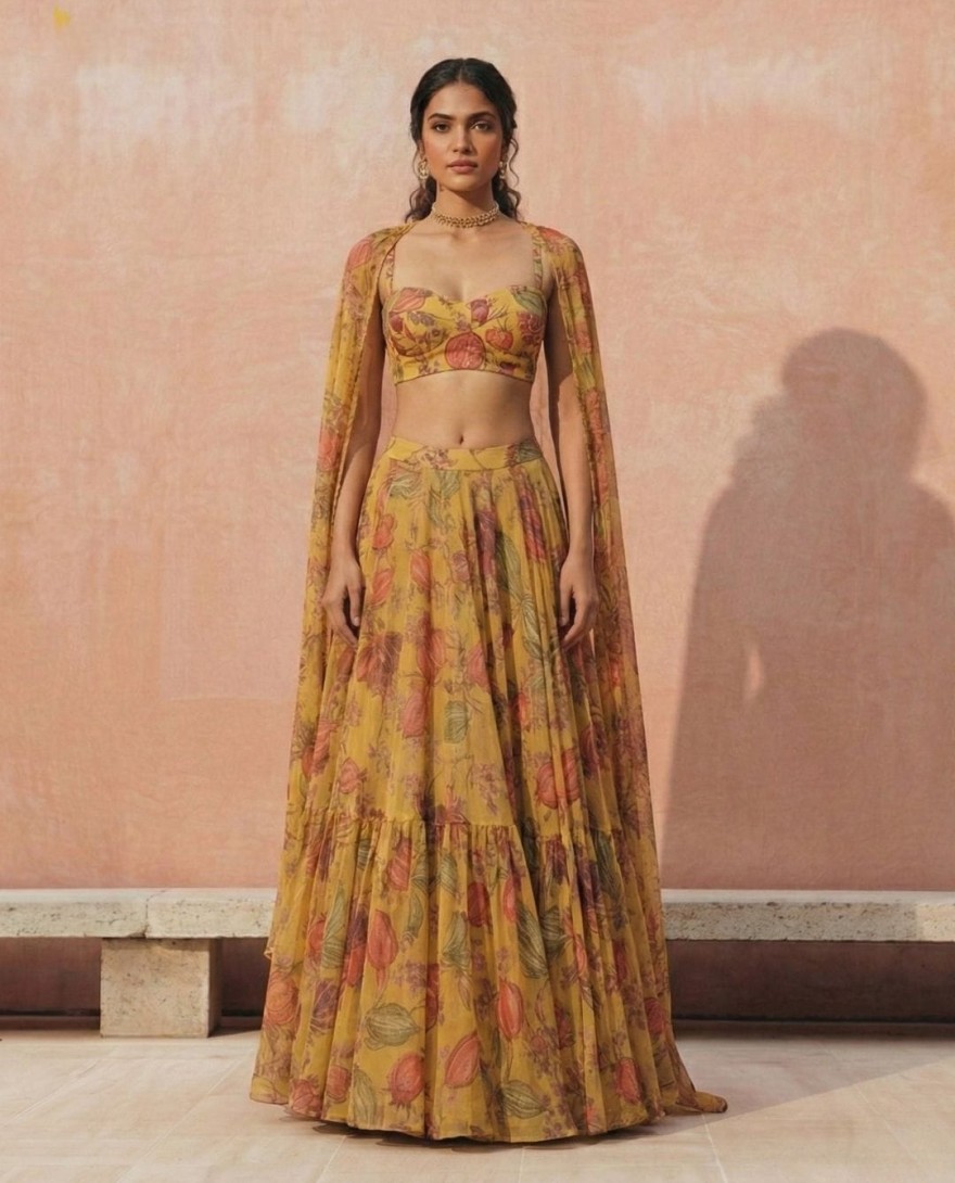 YELLOW - Floral Printed Yellow Georgette Crop Top Lehenga Choli