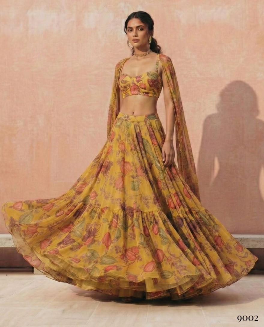 YELLOW - Floral Printed Yellow Georgette Crop Top Lehenga Choli