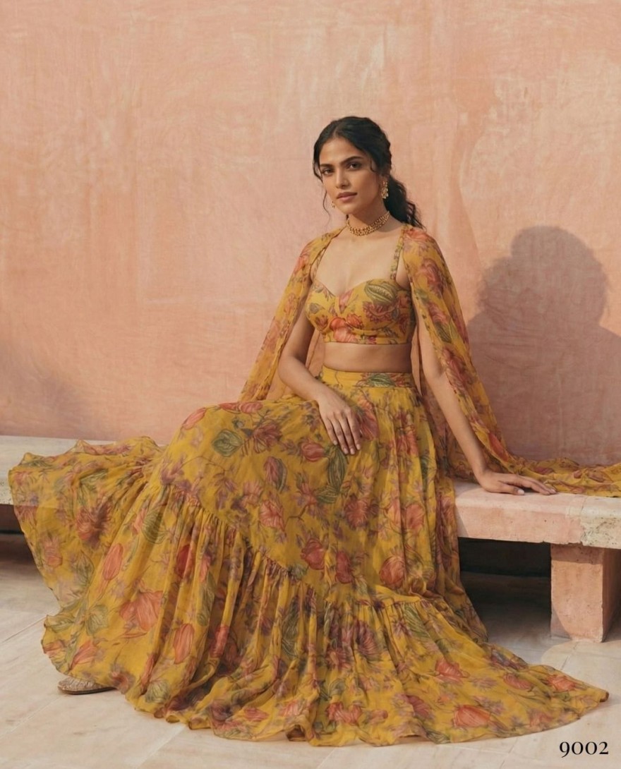 YELLOW - Floral Printed Yellow Georgette Crop Top Lehenga Choli