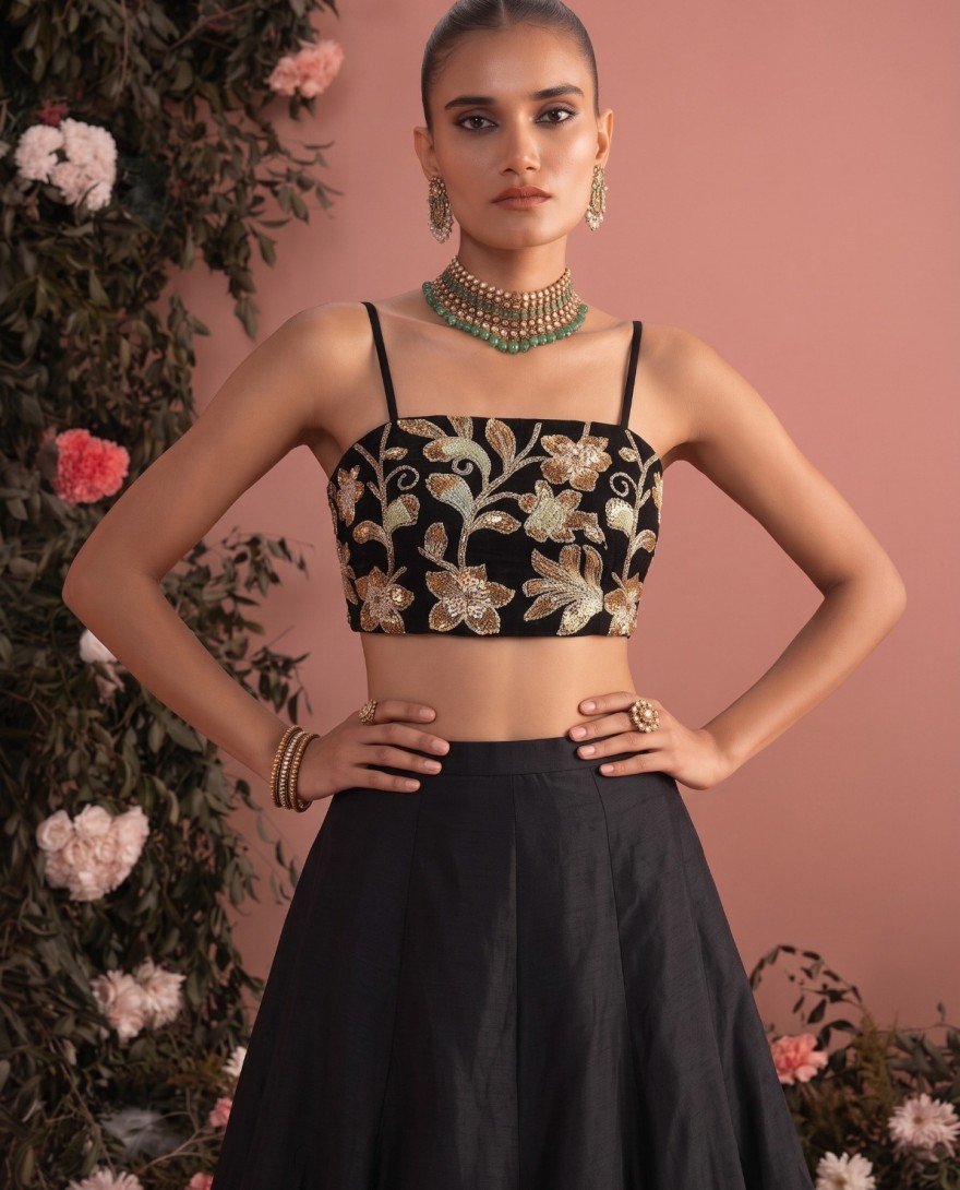 BLACK - Embroidered and Plain Work Silk Readymade Lehenga Choli In Black Colour