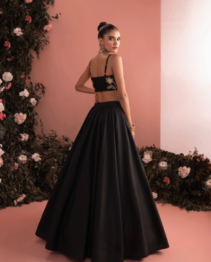 BLACK - Embroidered and Plain Work Silk Readymade Lehenga Choli In Black Colour