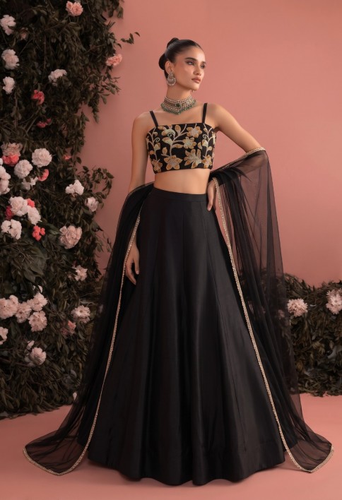 Embroidered and Plain Work Silk Readymade Lehenga Choli In Black Colour