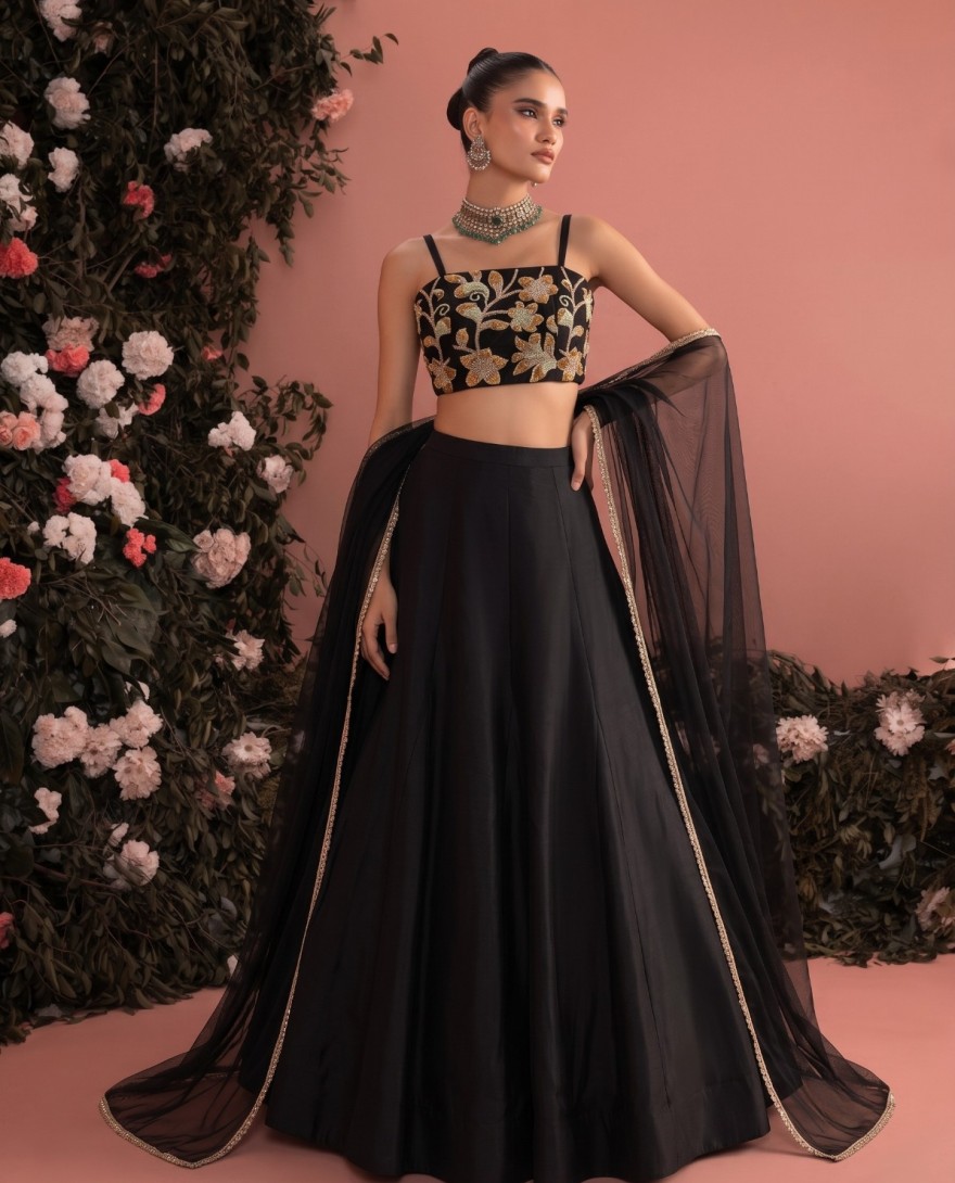 BLACK - Embroidered and Plain Work Silk Readymade Lehenga Choli In Black Colour