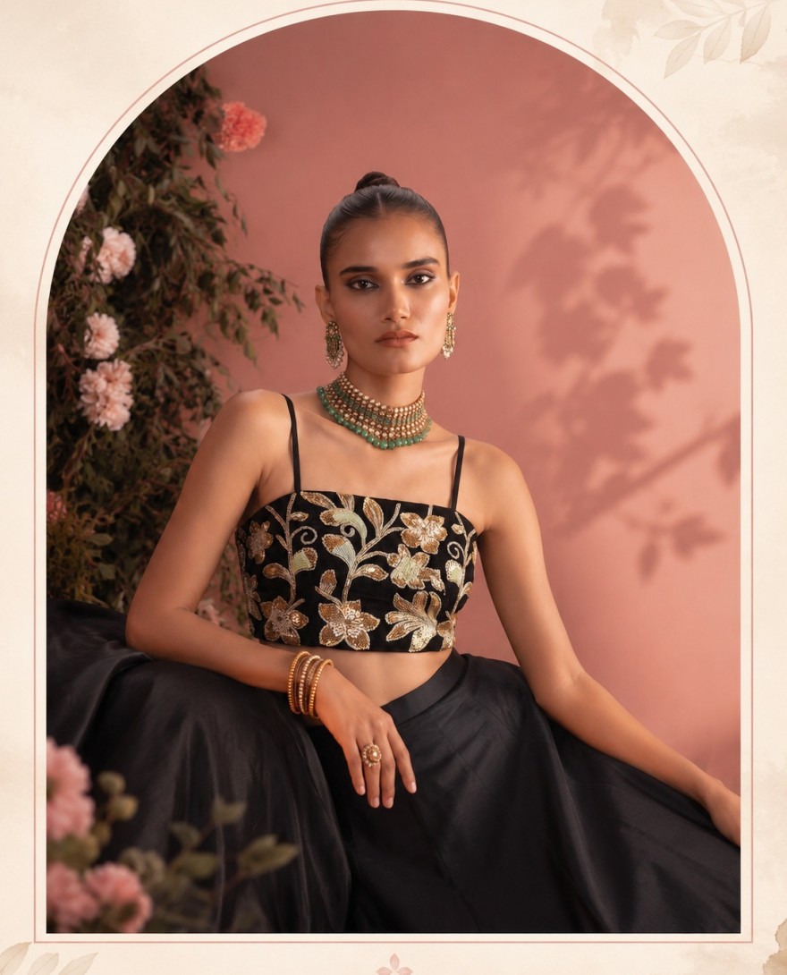 BLACK - Embroidered and Plain Work Silk Readymade Lehenga Choli In Black Colour