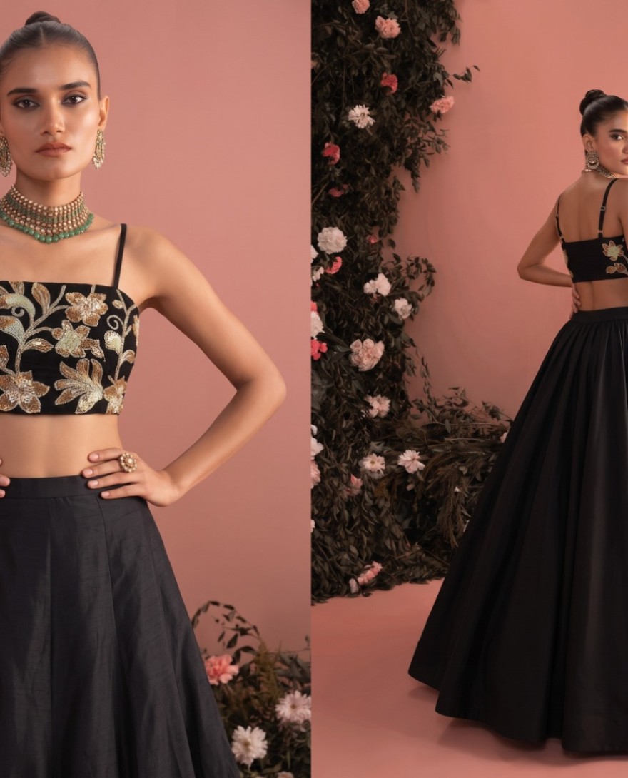 BLACK - Embroidered and Plain Work Silk Readymade Lehenga Choli In Black Colour