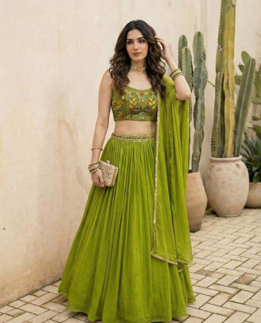 GREEN - Lime Green Georgette Lehenga Choli for Ceremonial