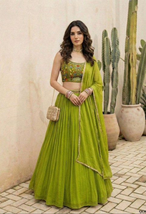 Lime Green Georgette Lehenga Choli for Ceremonial