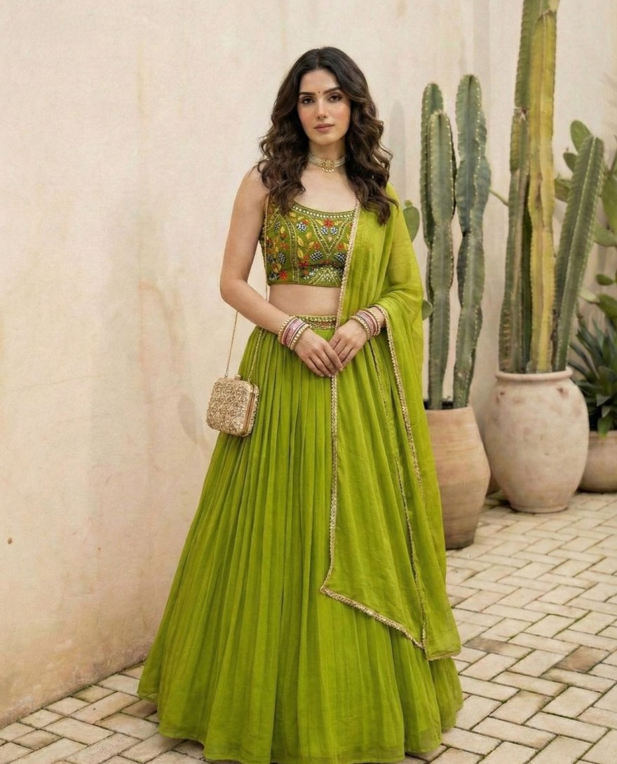 GREEN - Lime Green Georgette Lehenga Choli for Ceremonial