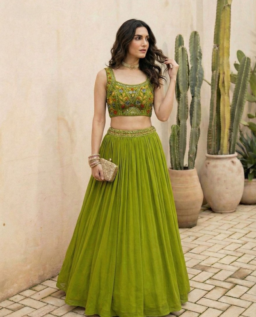 GREEN - Lime Green Georgette Lehenga Choli for Ceremonial