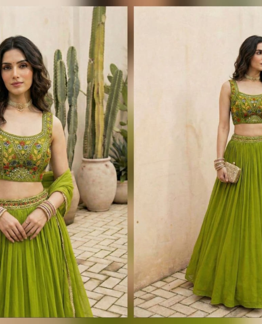 GREEN - Lime Green Georgette Lehenga Choli for Ceremonial