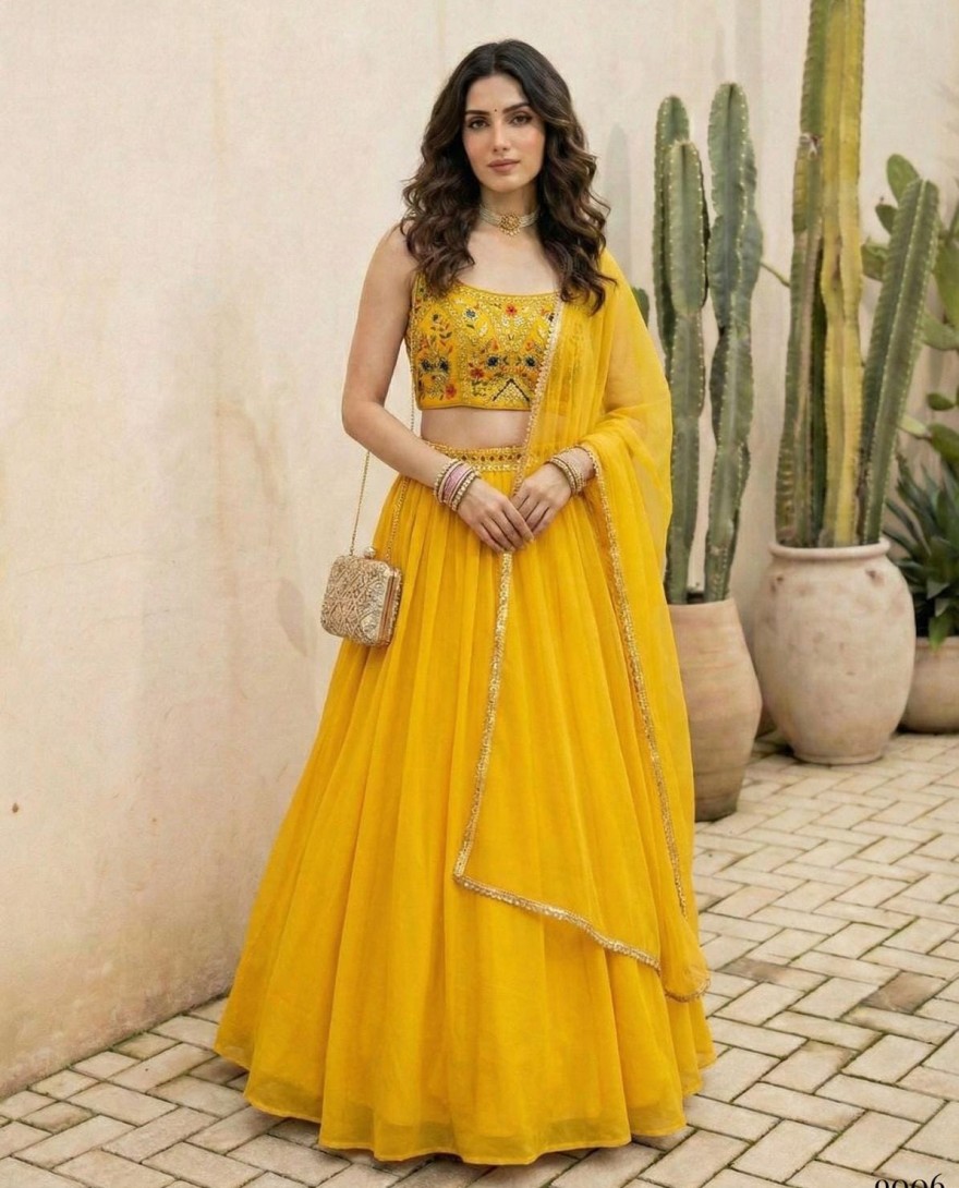YELLOW - Sunny Yellow Georgette Lehenga Choli for Ceremonial