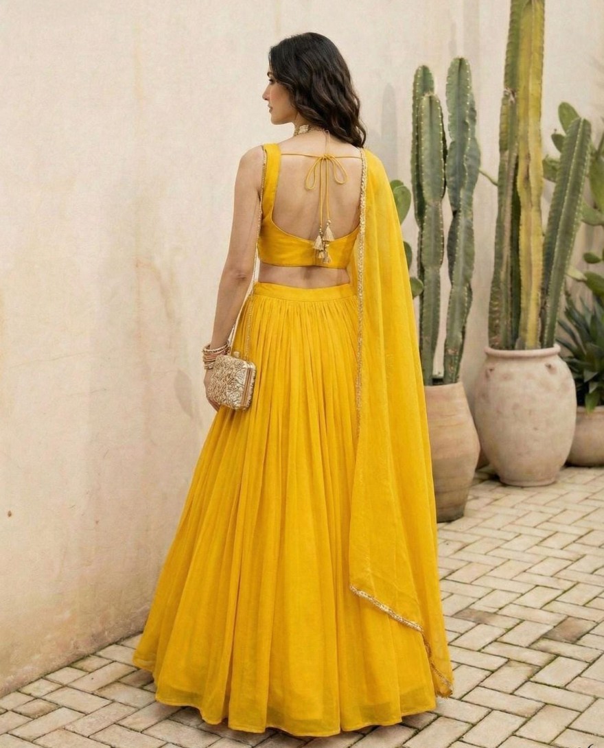 YELLOW - Sunny Yellow Georgette Lehenga Choli for Ceremonial