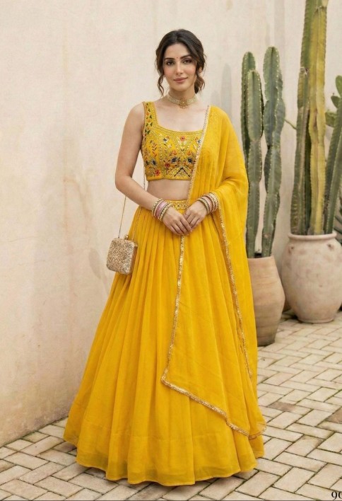 Sunny Yellow Georgette Lehenga Choli for Ceremonial