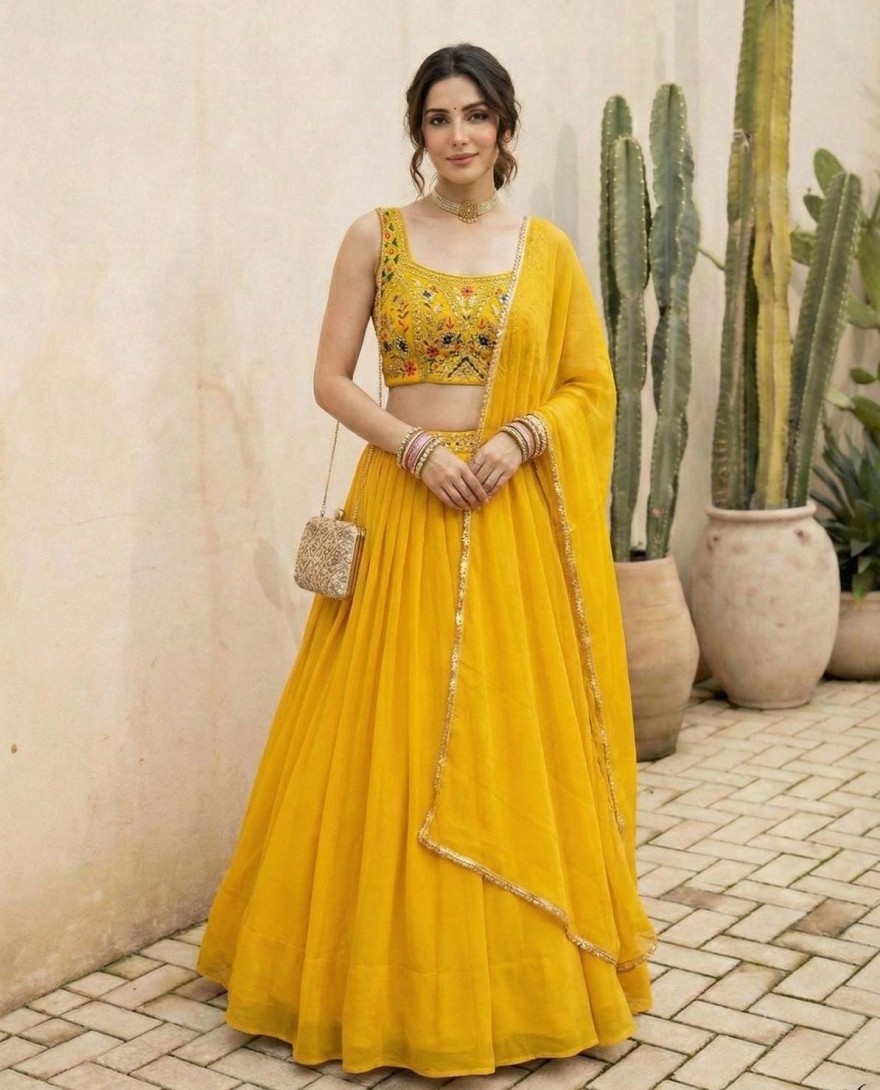 YELLOW - Sunny Yellow Georgette Lehenga Choli for Ceremonial