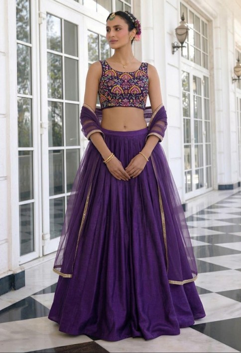 Violet Silk Lehenga Choli for Ceremonial
