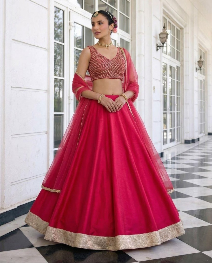 RED - Raspberry Pink Silk Lehenga Choli for Ceremonial
