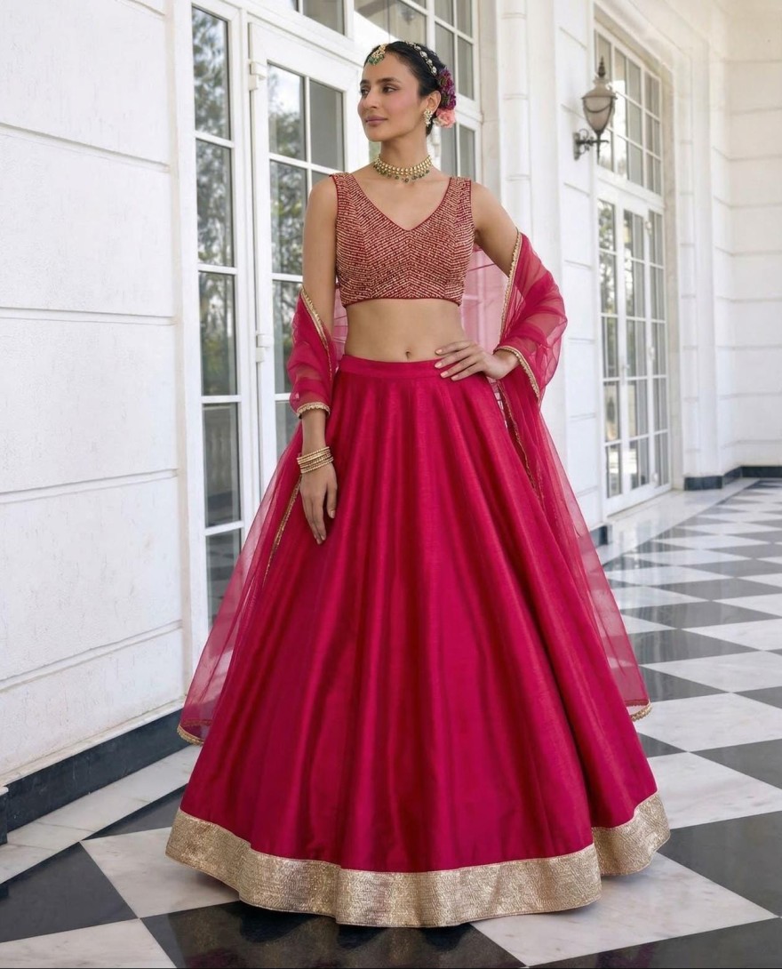 RED - Raspberry Pink Silk Lehenga Choli for Ceremonial