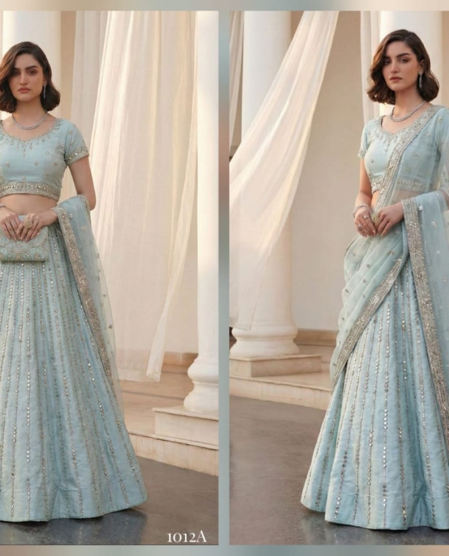 BLUE - Sky Blue Zari Embroidered Silk Lehenga with Mirror Detailing
