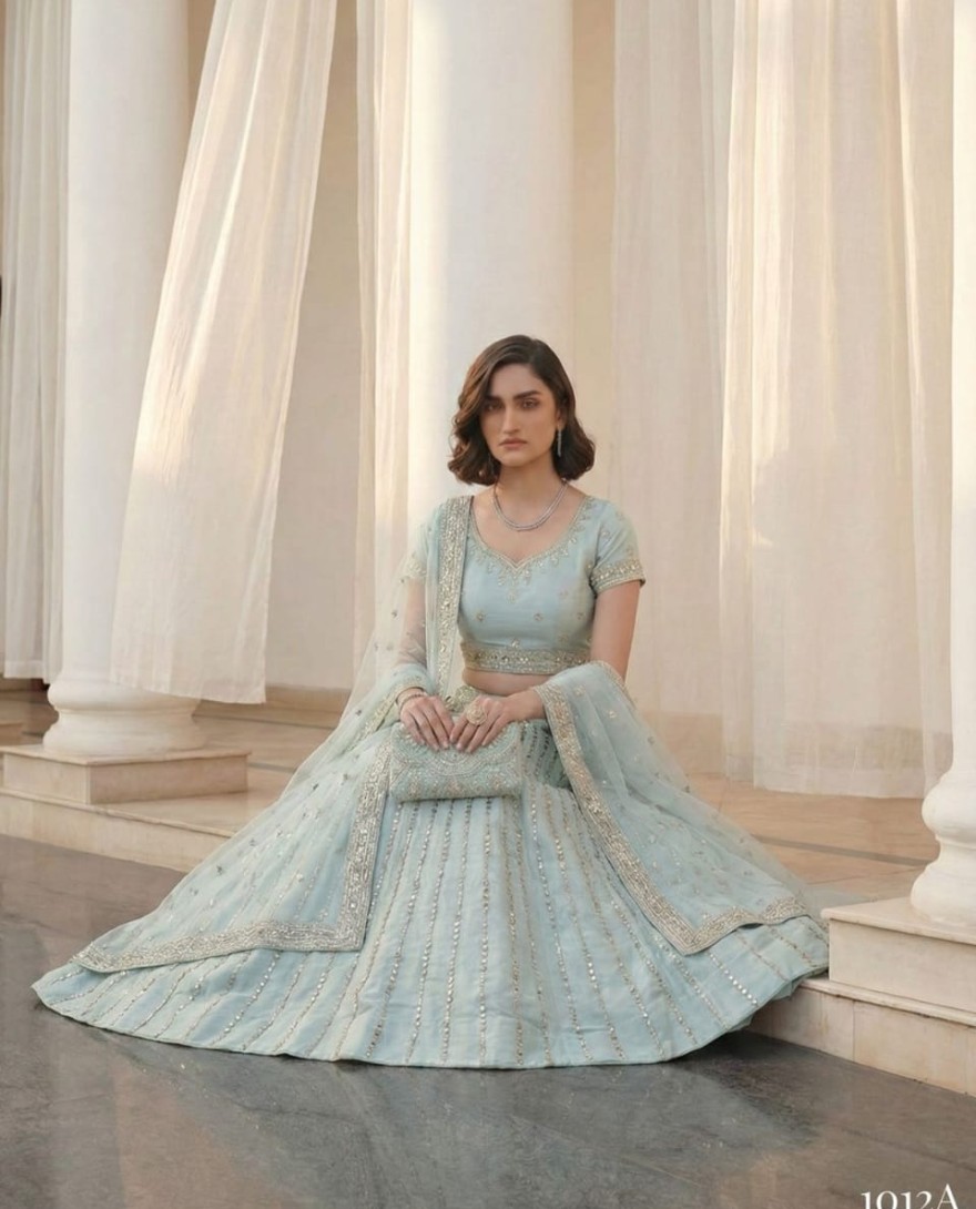 BLUE - Sky Blue Zari Embroidered Silk Lehenga with Mirror Detailing