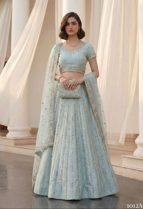 Sky Blue Zari Embroidered Silk Lehenga with Mirror Detailing
